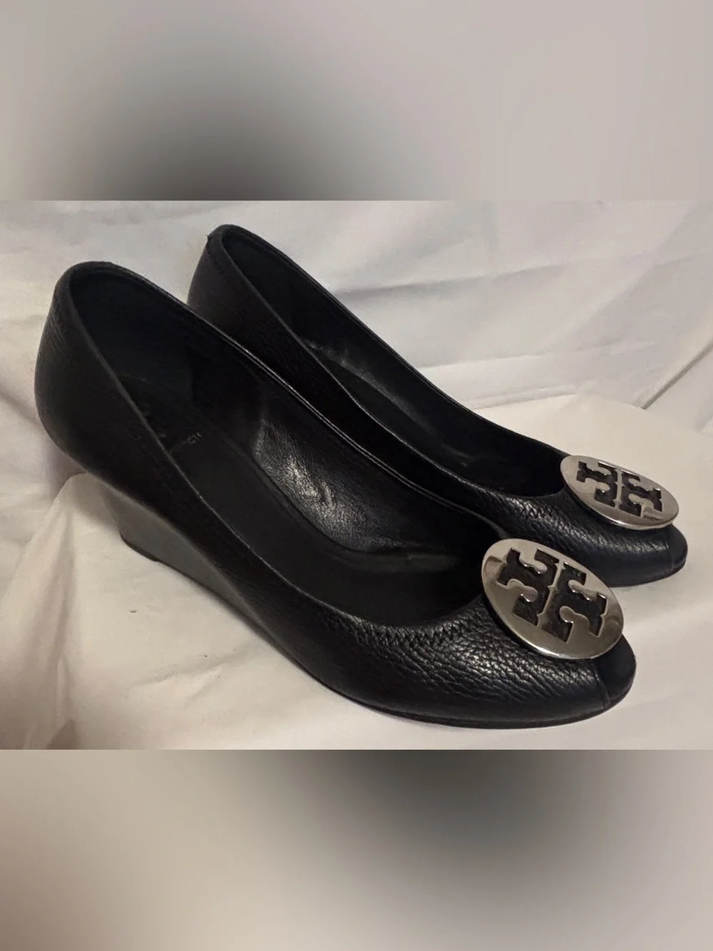 Tory Burch Black Leather Wedge Pumps with Silver Logo Size 10.5
